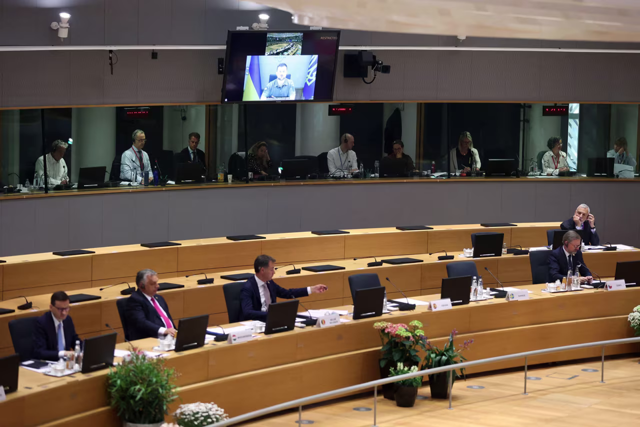 Ukrainian President Volodymyr Zelensky, on screen, speaks during a special meeting of the European Council at The European Council Building in Brussels on May 30.