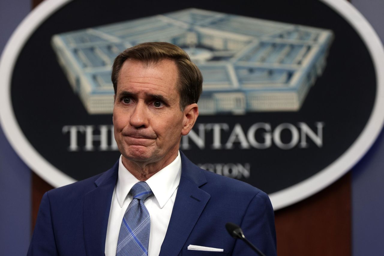 John Kirby speaks during a news briefing at the Pentagon August 16, 2021 in Arlington, Virginia.