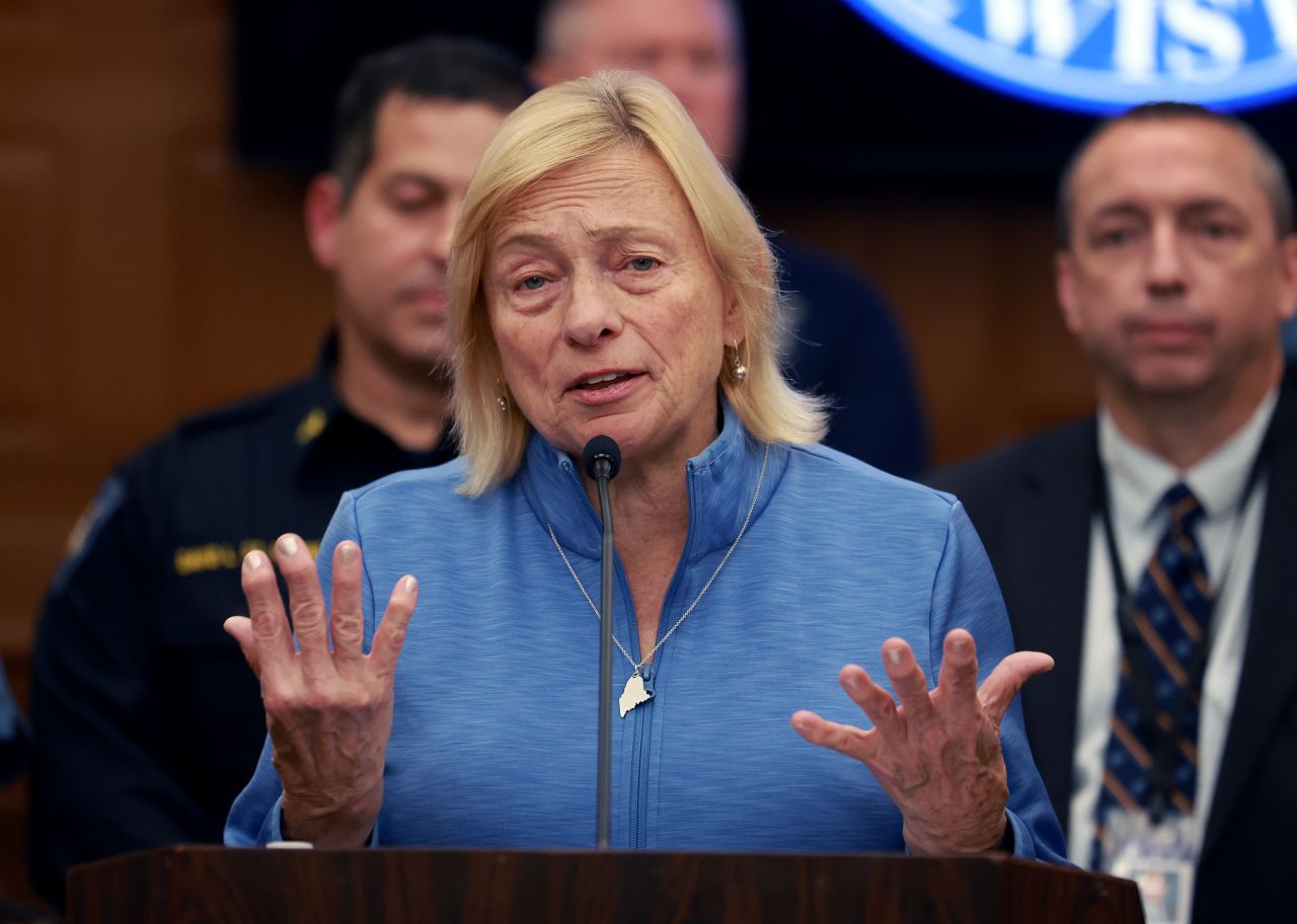 Governor Janet Mills of Maine announces to the media that Robert Card, the suspect in two mass killings, was found dead on October 27, in Lewiston, Maine.