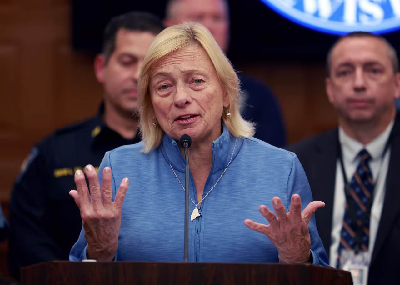 Governor Janet Mills of Maine announces to the media that Robert Card, the suspect in two mass killings, was found dead on October 27, in Lewiston, Maine.