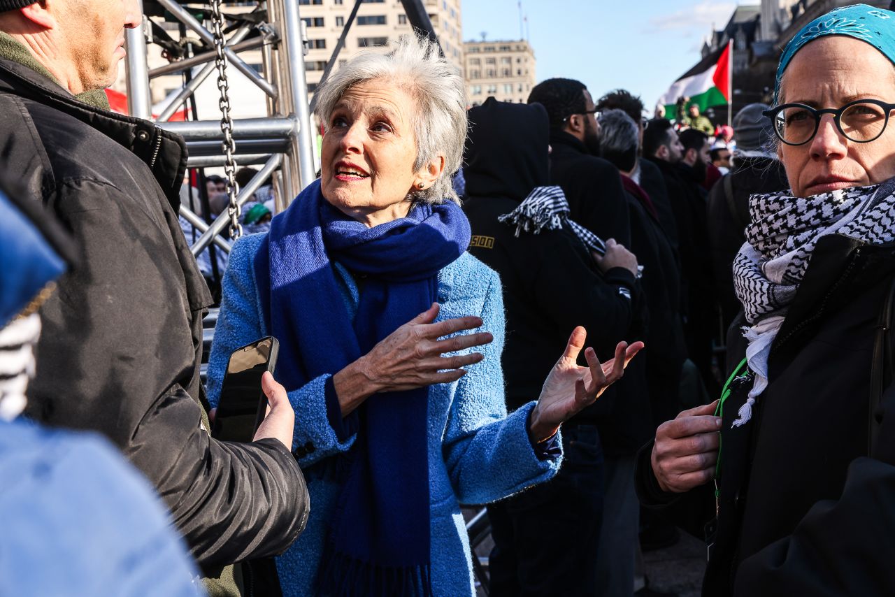 Jill Stein, 2024 Green Party presidential candidate, center, speaks with demonstrators during the March on Washington for Gaza rally in Washington, DC, on January 13, 2024. 