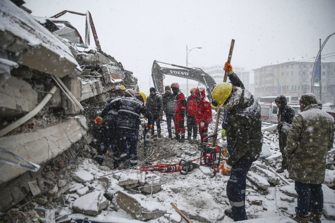 Search-and-rescue efforts continue through cold weather conditions in Malatya, Turkey, on February 7.