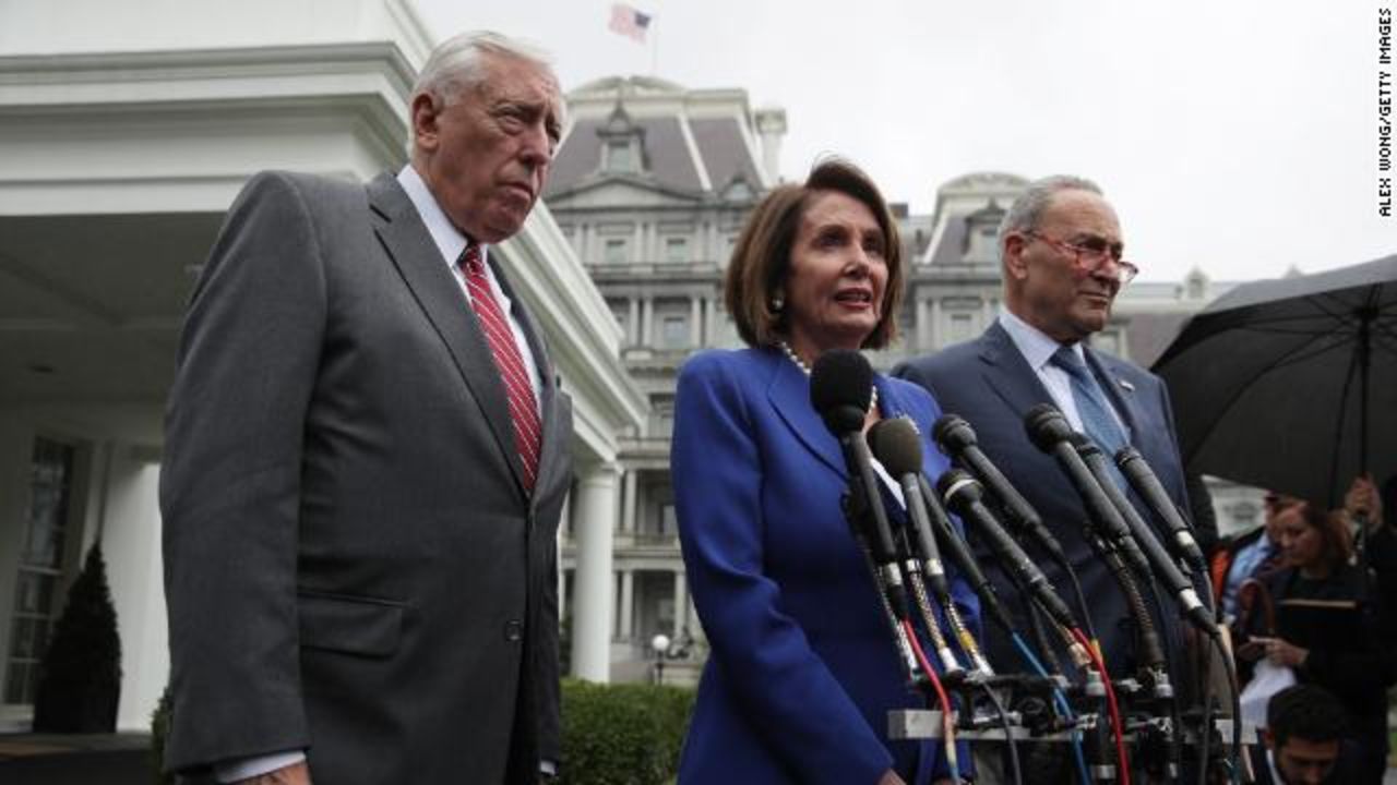 US Speaker of the House Rep. Nancy Pelosi (center), Senate Minority Leader Sen. Chuck Schumer (right), and House Majority Leader Rep. Steny Hoyer (left)  brief the media outside the West Wing following a meeting with President Donald Trump on Wednesday. 
