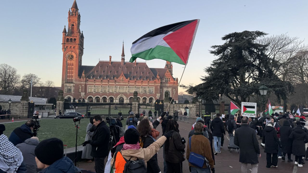 Pro-Palestine demonstrators call for a ceasefire in a protest outside Peace Palace in The Hague, Netherlands, on January 11, where the International Court of Justice is set to open hearings in a genocide case against Israel.
