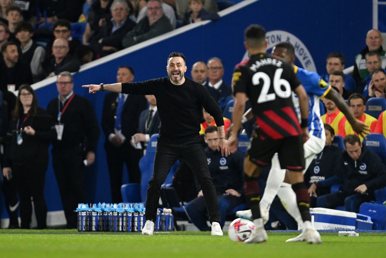 Roberto De Zerbi, manager of Brighton & Hove Albion, gives the team instructions during the Premier League match between Brighton & Hove Albion and Manchester City at American Express Community Stadium on May 24, in Brighton, England.
