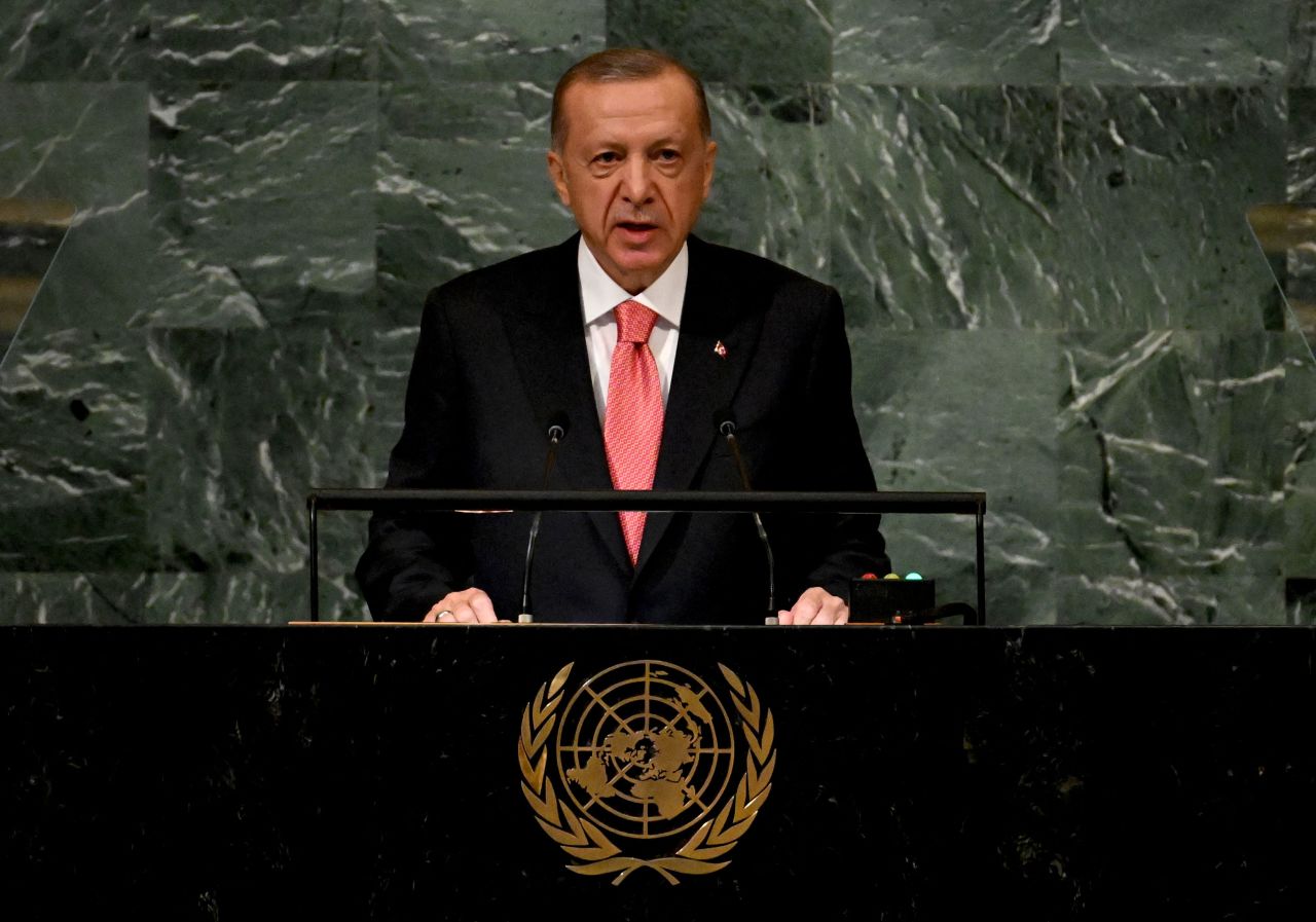 Turkish President Recep Tayyip Erdo?an addresses the 77th session of the United Nations General Assembly on Tuesday.