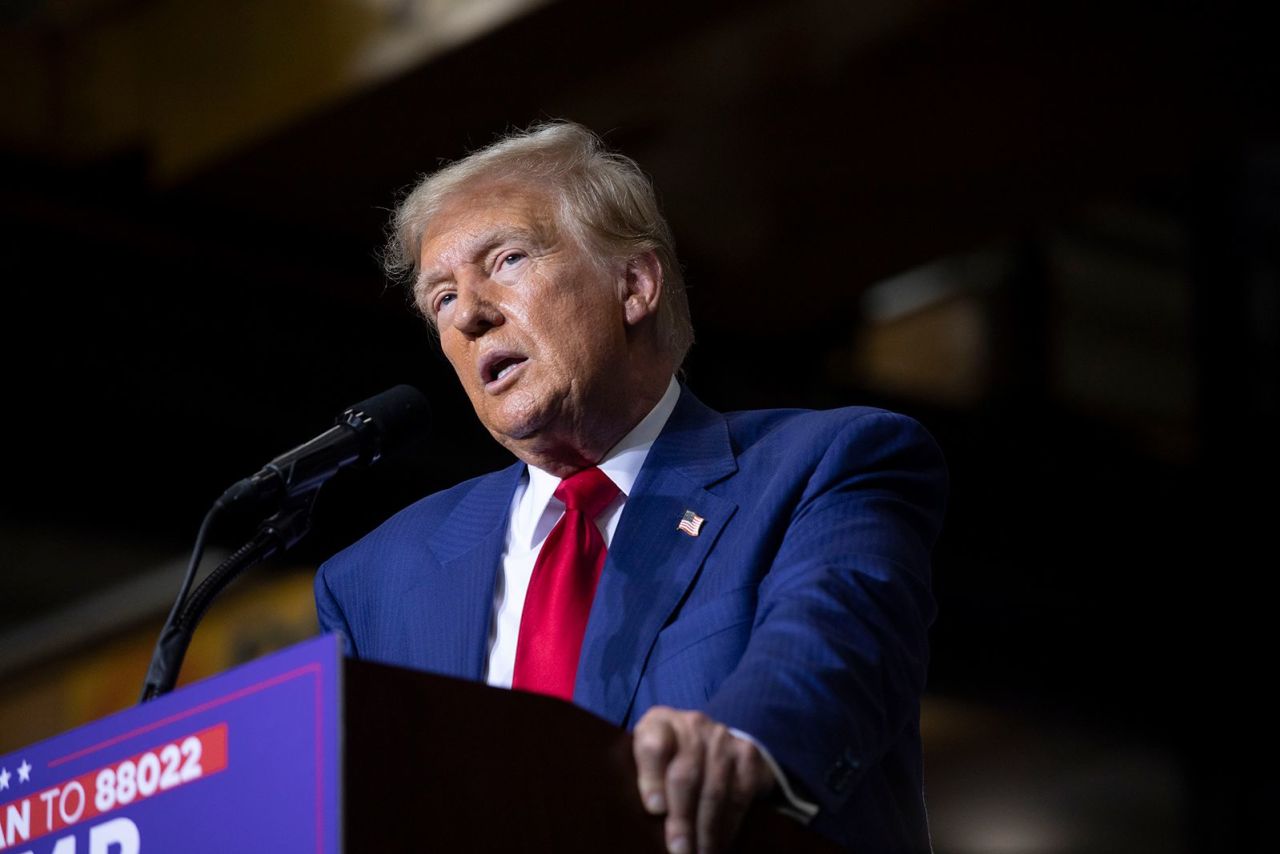 Former President Donald Trump speaks during a campaign event at Alro Steel on August 29 in Potterville, Michigan