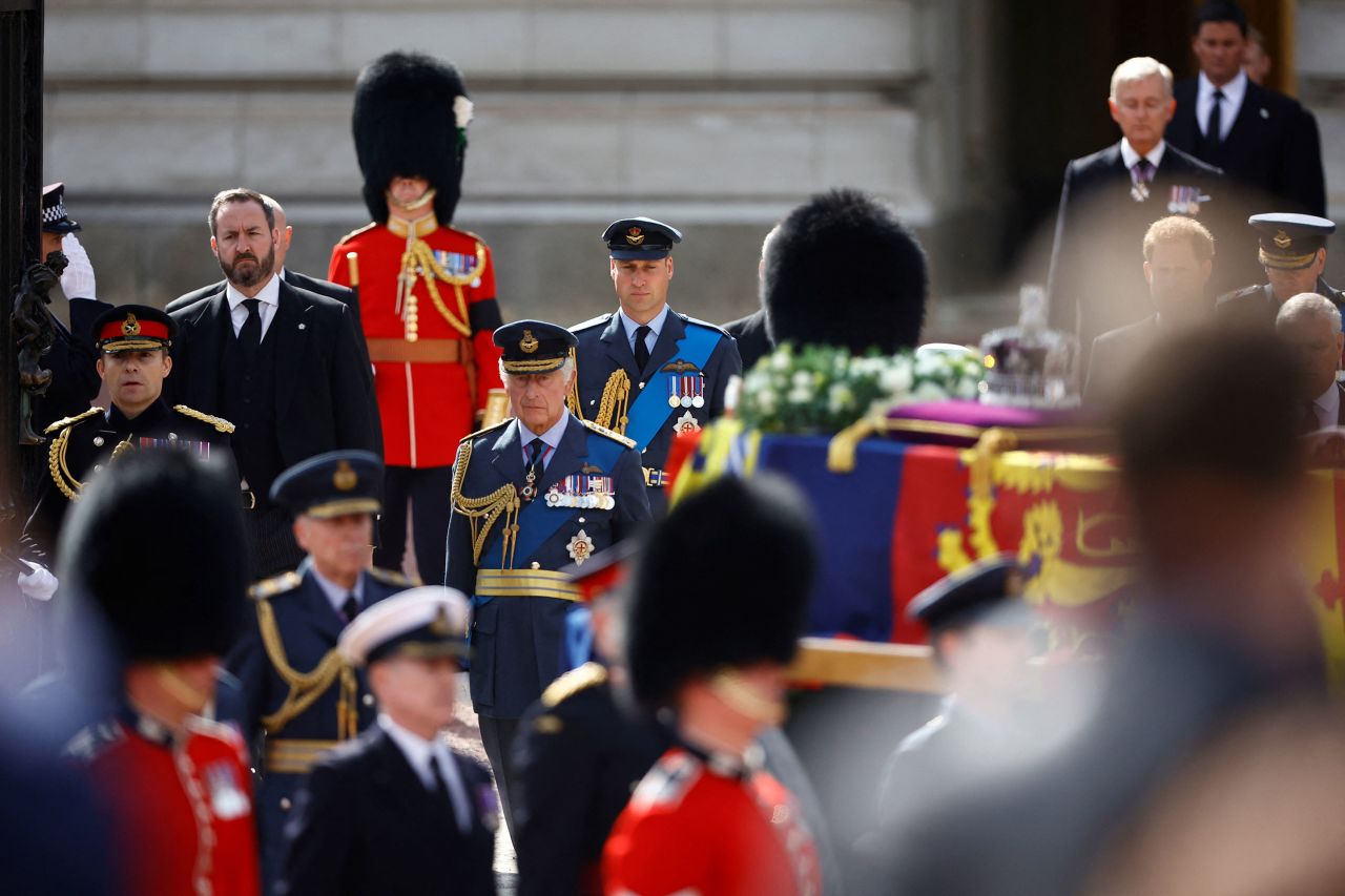 King Charles and William, Prince of Wales march during the procession on Wednesday.