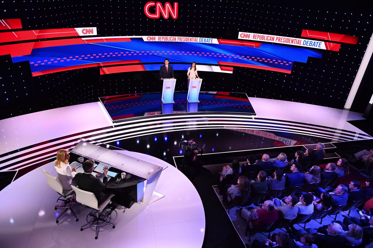Former South Carolina Gov. Nikki Haley and Florida Gov. Ron DeSantis participate in a CNN Republican Presidential Debate at Drake University in Des Moines, Iowa, on January 10.