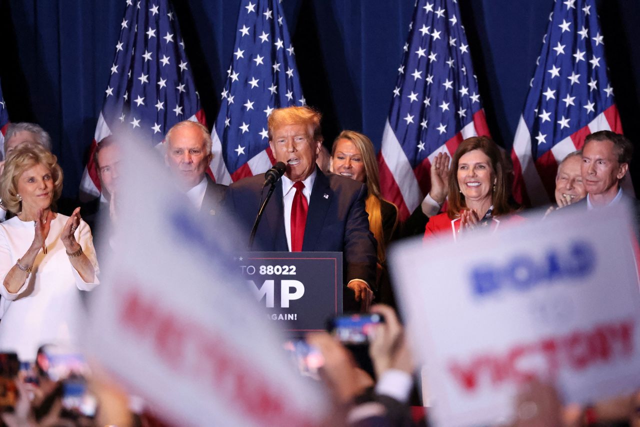 Trump hosts a South Carolina Republican presidential primary election night party in Columbia on Saturday.