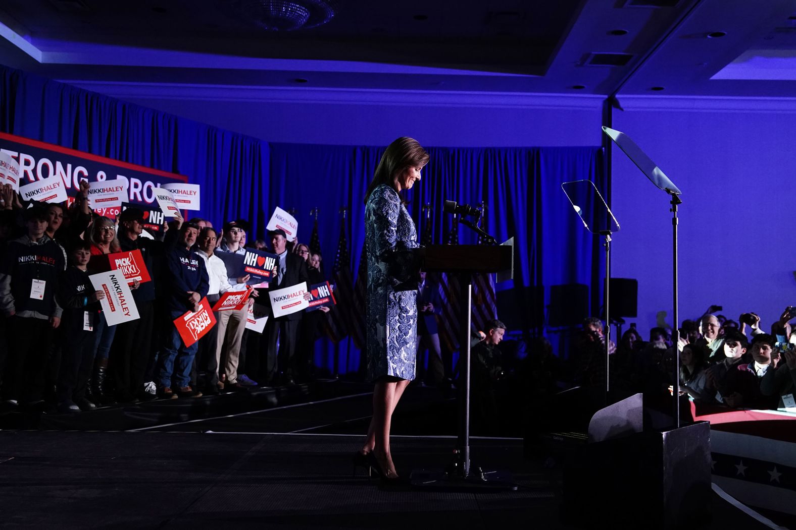 Haley speaks to supporters at her election night watch party in Concord, New Hampshire, on January 23. She said she would remain in the race after losing the primary there to Trump.