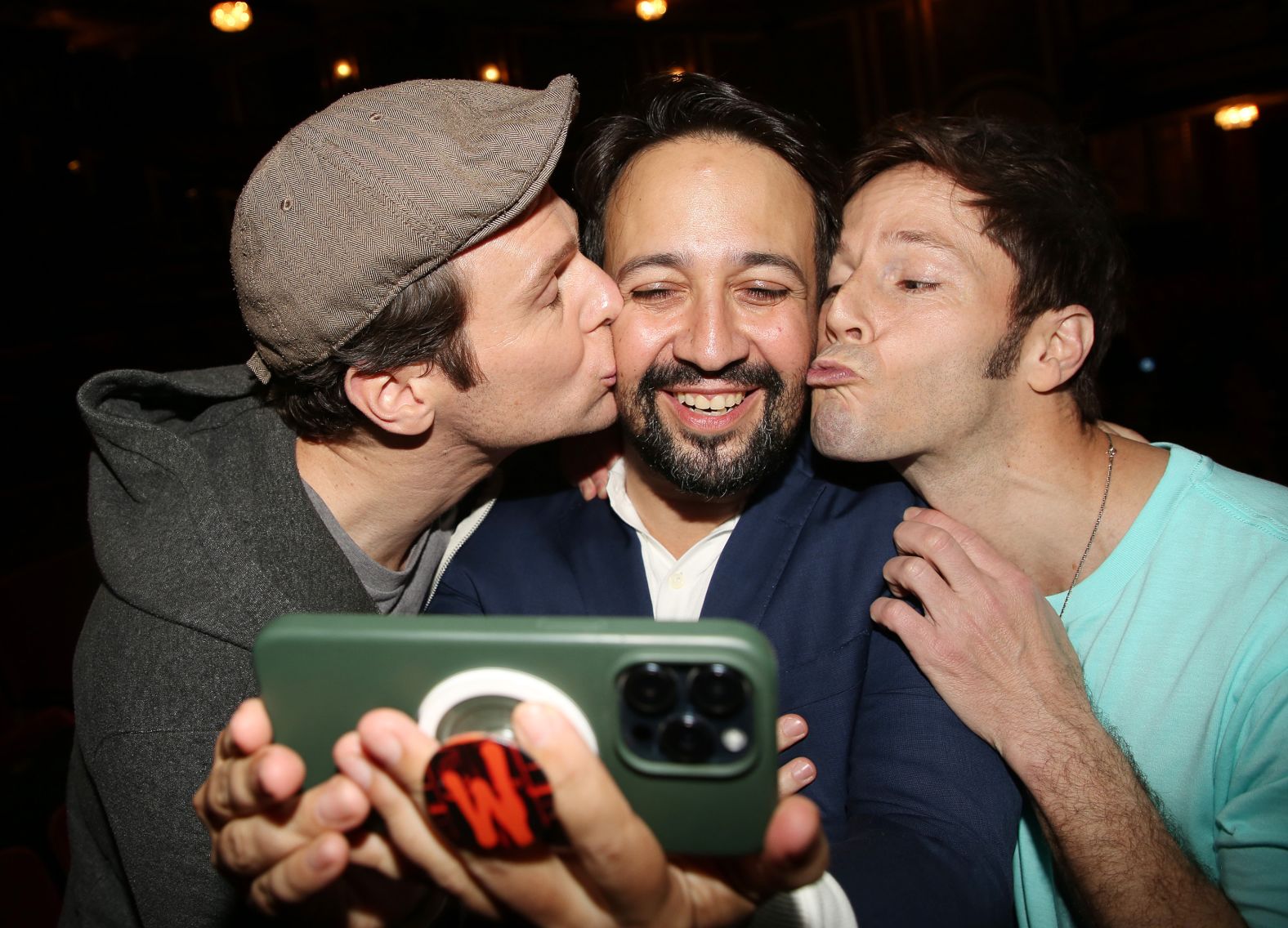 Original "Hamilton" cast members Jonathan Groff, Miranda and Thayne Jasperson take a photo at a celebration of this year's Tony-nominated Broadway shows in June 2025.