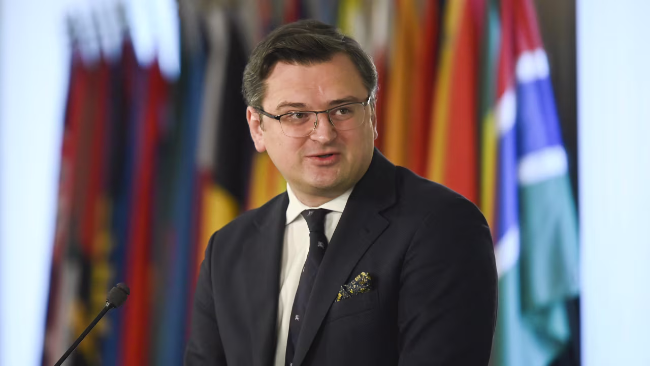 Ukrainian Foreign Minister Dmytro Kuleba speaks during a press conference in Sofia, Bulgaria on April 19.