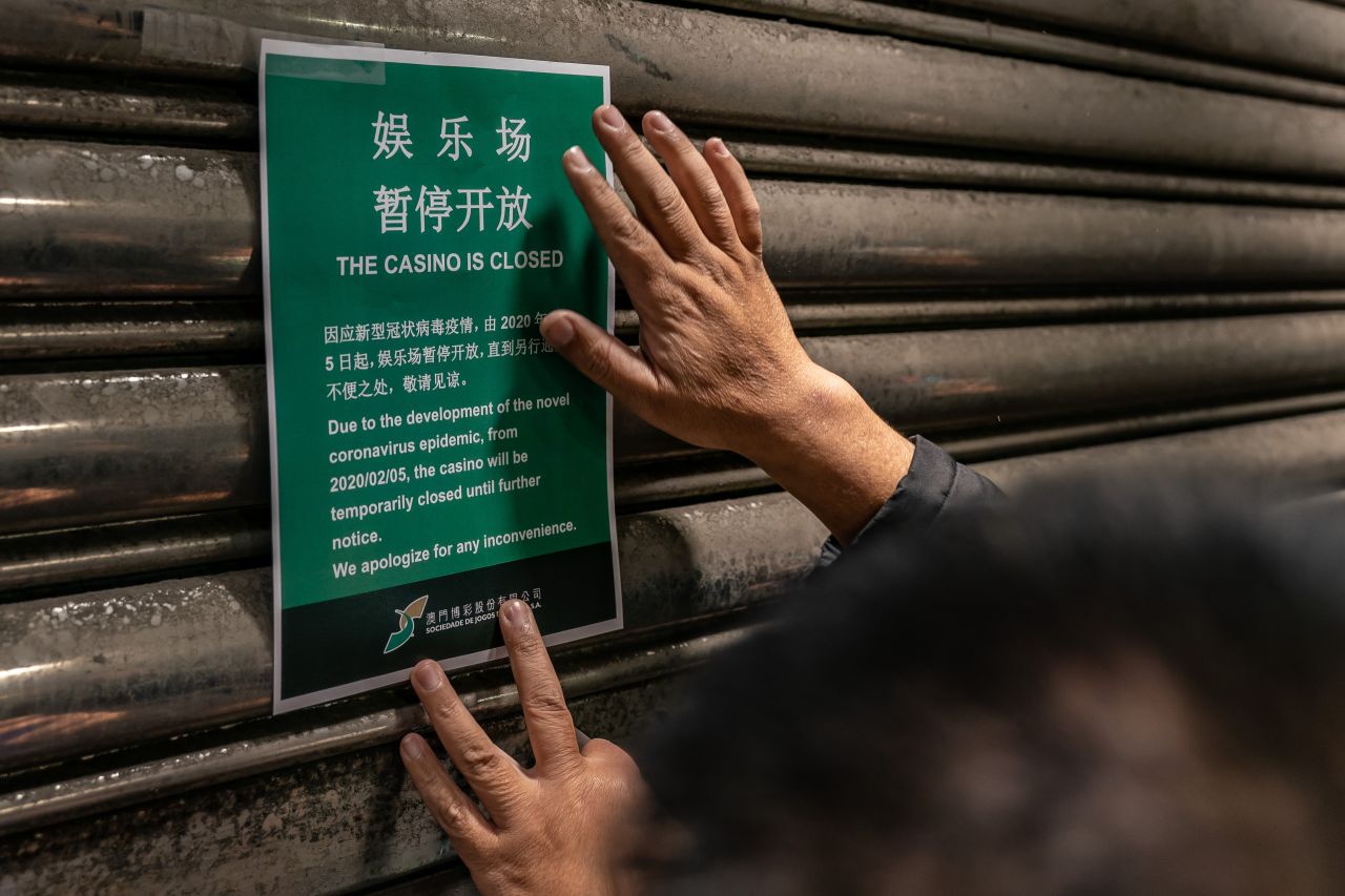 A closing notice on the gate of Casino Lisboa after its closing on February 5, 2020 in Macao.