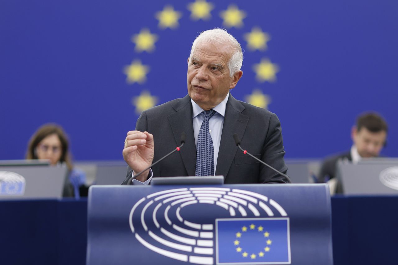 European Union foreign policy chief Josep Borrell delivers a speech at the European Parliament in Strasbourg, France, on April 18.