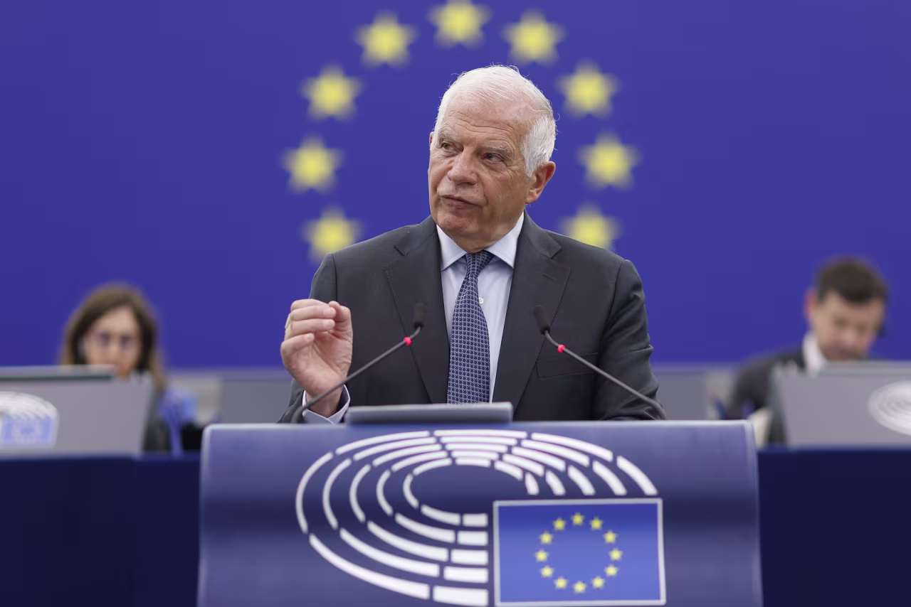 European Union foreign policy chief Josep Borrell delivers a speech at the European Parliament in Strasbourg, France, on April 18.