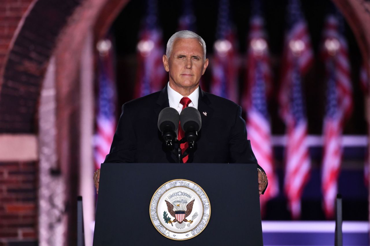 Vice President Mike Pence speaks during the Republican National Convention in Baltimore on August 26.