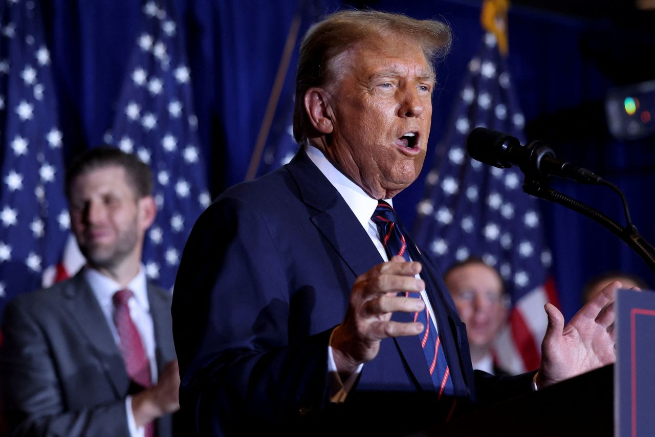 Republican presidential candidate and former US President Donald Trump speaks during his New Hampshire presidential primary election night watch party, in Nashua, New Hampshire, on January 23.