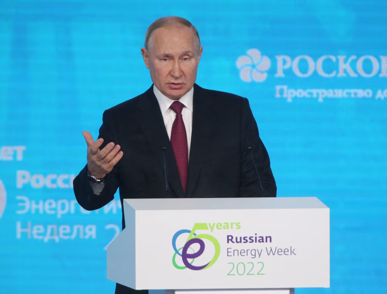 Russian President Vladimir Putin delivers a key speech during the plenary session of Russian Energy Week 2022 on October 12, in Moscow, Russia.