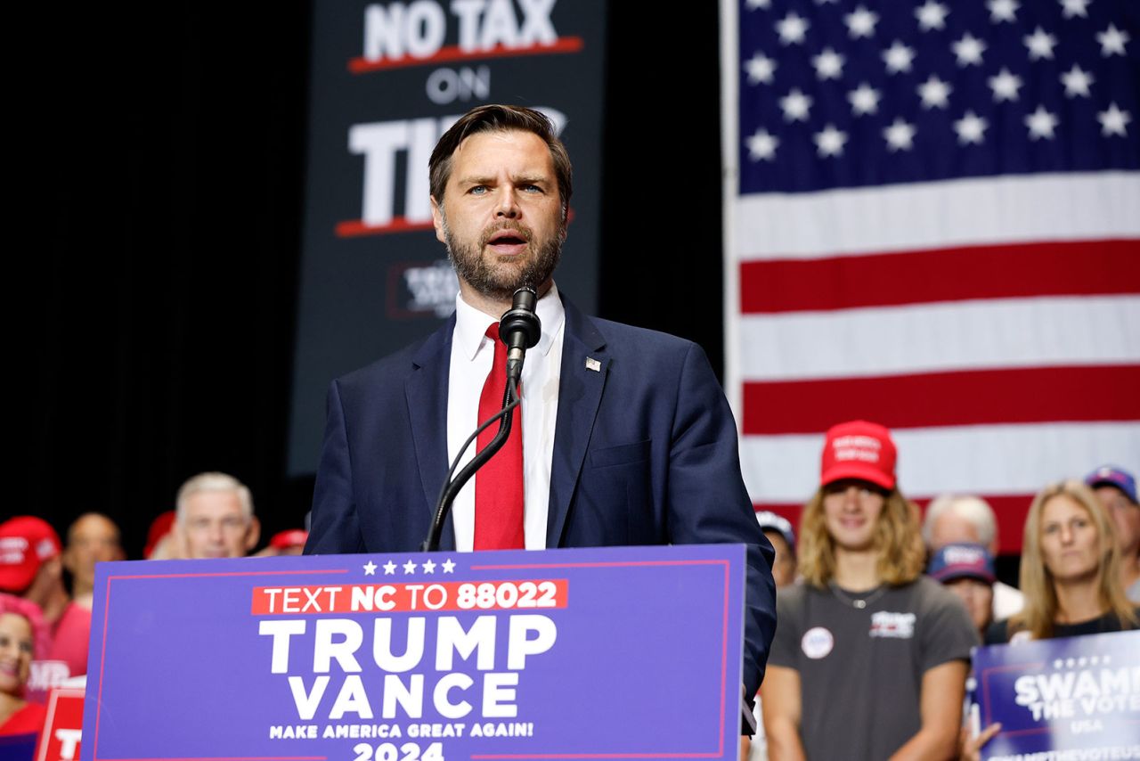 Republican vice presidential nominee Sen. JD Vance speaks at a campaign event in Charlotte, North Carolina, on Monday, September 23. 