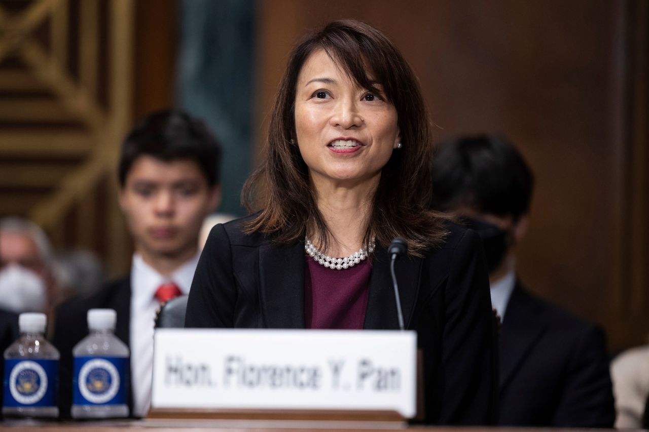 In this 2022 photo, Florence Pan appears before the Senate Judiciary Committee on Capitol Hill in Washington, DC.