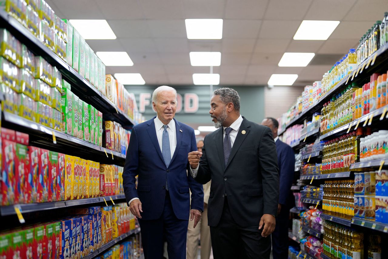 US President Joe Biden visit Mario's Westside Market grocery store alongside US Rep. Steven Horsford in Las Vegas, Nevada, on Tuesday, July 16