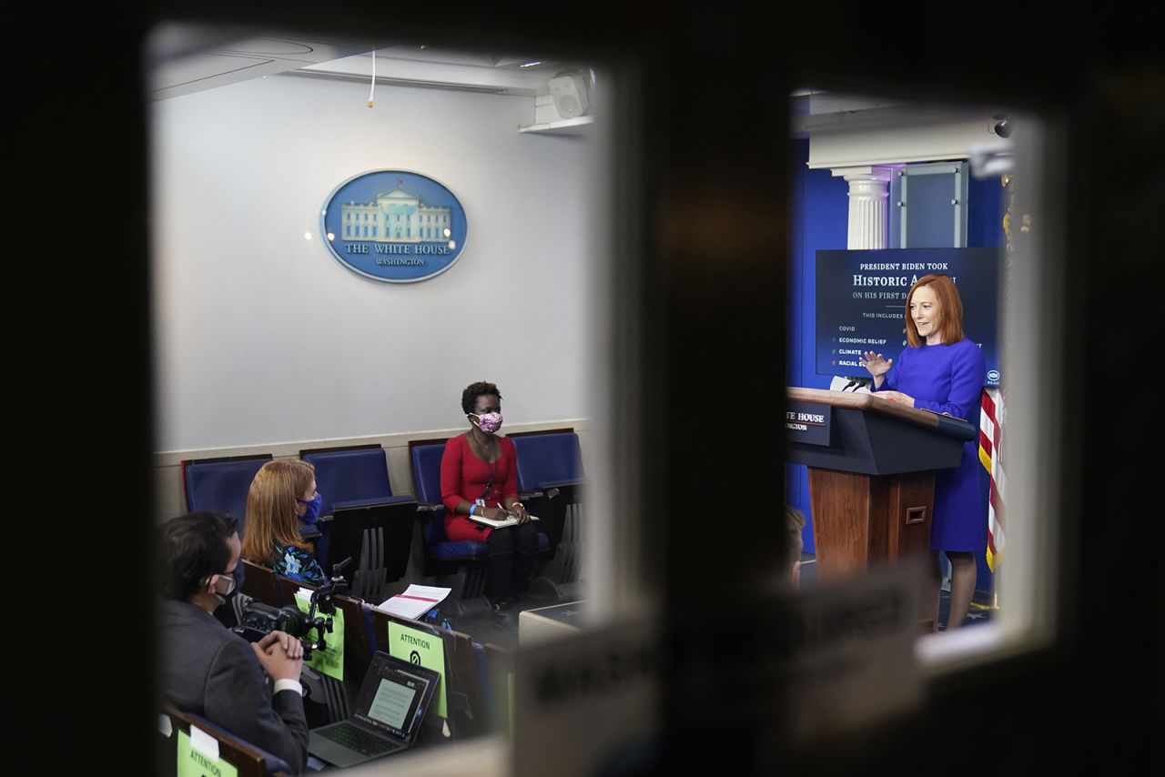 White House press secretary Jen Psaki speaks with reporters in the James Brady Press Briefing Room at the White House on January 20, i, Jan. 20, 2021, in Washington. (AP Photo/Alex Brandon)