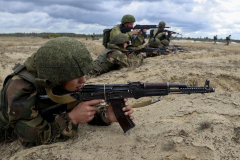 Russian and Belarusian troops take part in the Zapad-2021 military exercise in the Brest region of Belarus on September 14, 2021.
