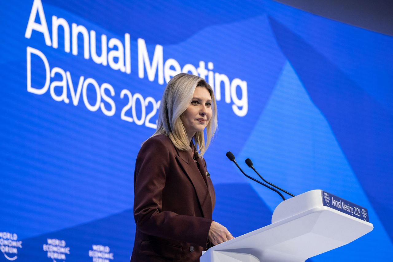 Ukraine's First Lady Olena Zelenska addresses the World Economic Forum (WEF) annual meeting in Davos, Switzerland, on January 17.