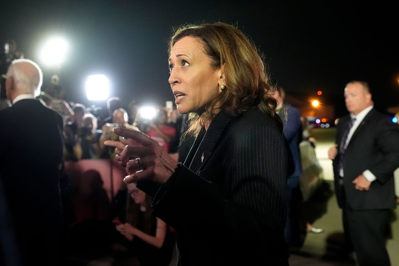 Kamala Harris speaks with reporters shortly after freed Americans Paul Whelan, Evan Gershkovich, and Alsu Kurmasheva arrived on US soil.