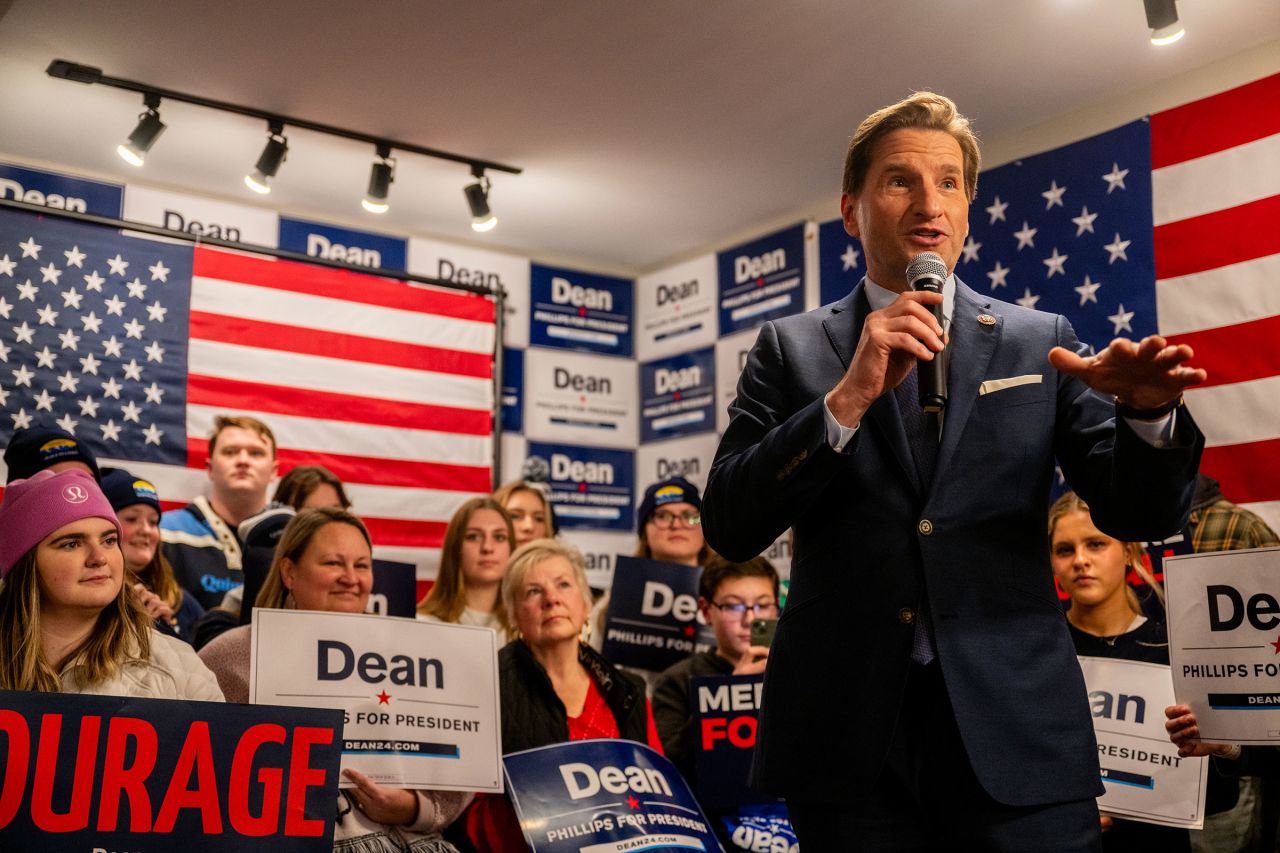 Rep. Dean Phillips speaks to supporters during a campaign rally on January 22, 2024 in Manchester, New Hampshire.