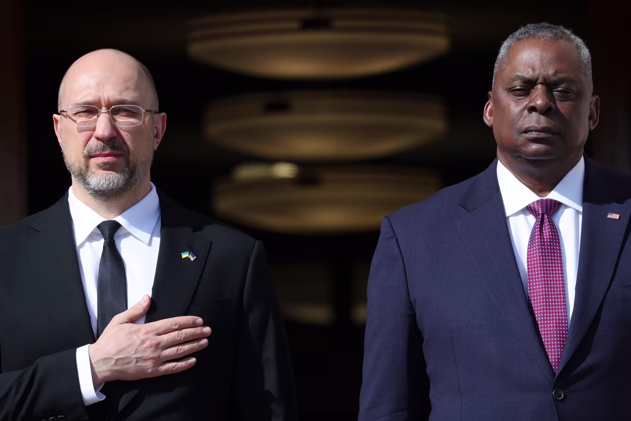 Ukrainian Prime Minister Denys Shmyhal, left, stands alongside US Secretary of Defense Lloyd Austin during an honor cordon ceremony at the Pentagon on Wednesday.