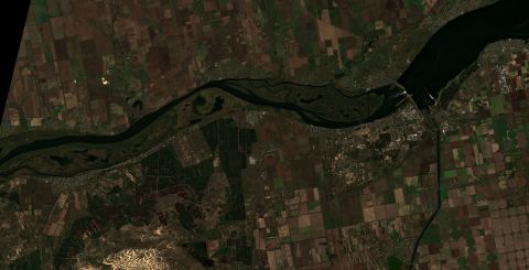 Satellite image showing a view of the site of the Kakhovka Dam, right, and the area around it in Kherson, Ukraine, on October 18. 
