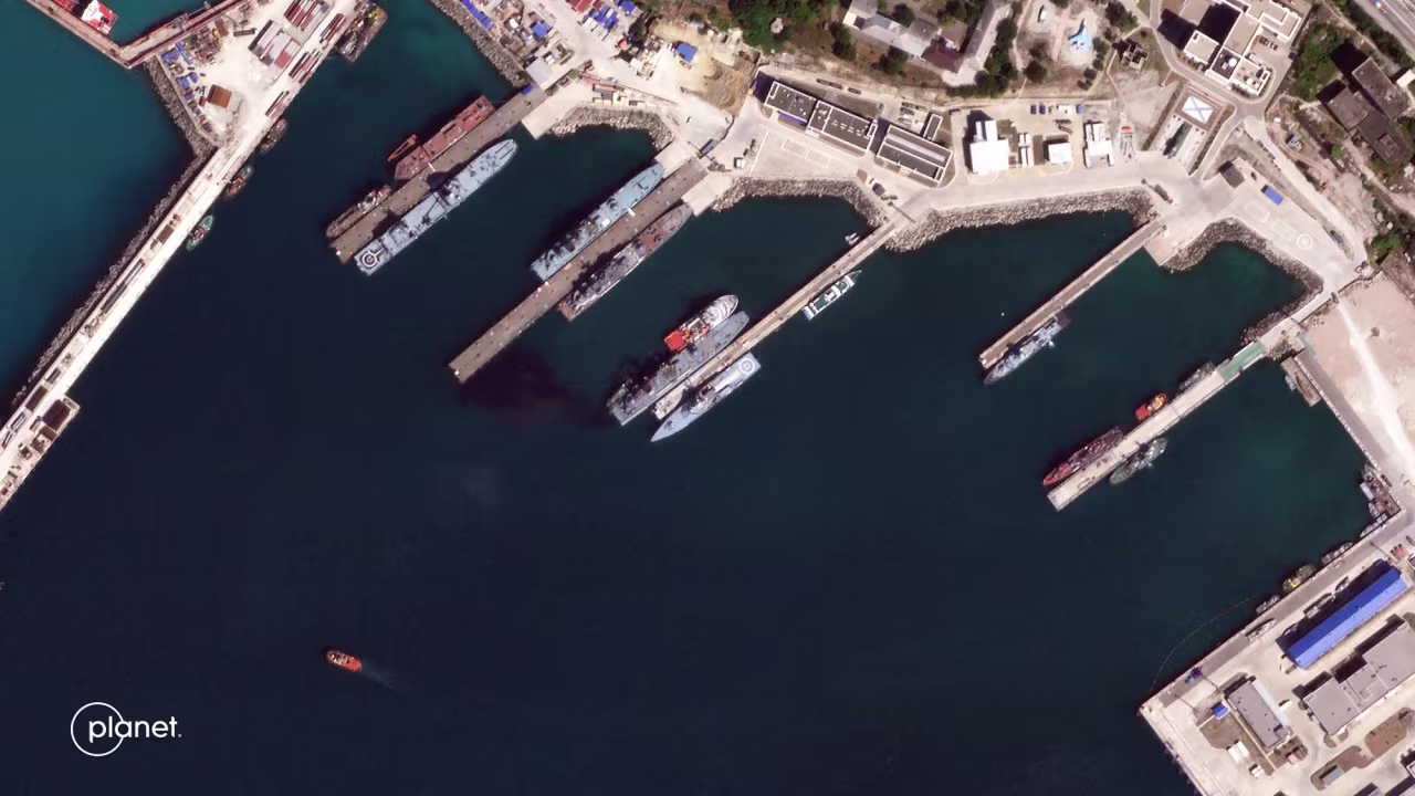 Satellite imagery shows a Russian naval ship after a Ukrainian drone attack on Friday.