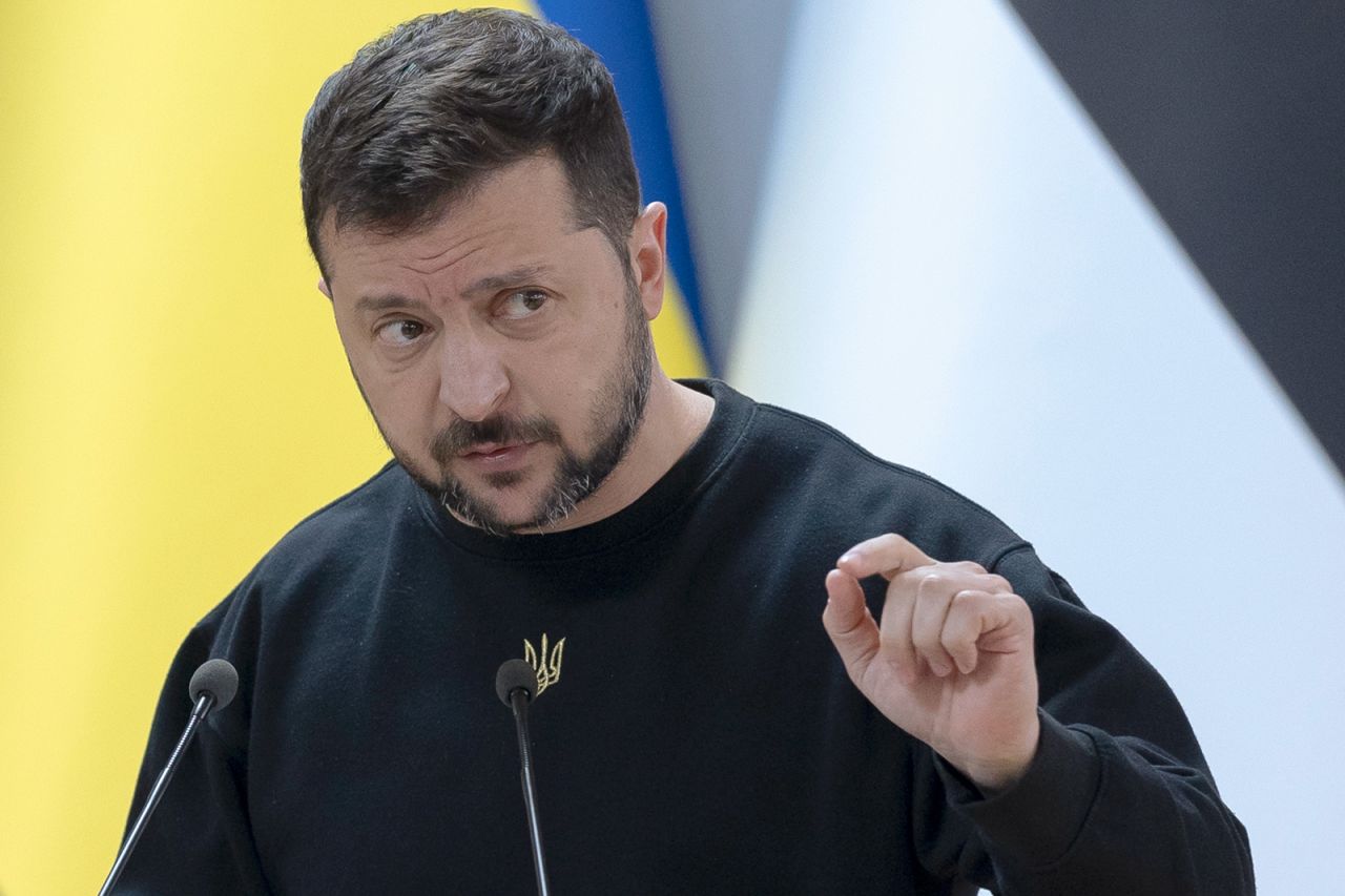 Volodymyr Zelensky attends a news conference in Zhytomyr, Ukraine on April 24.
