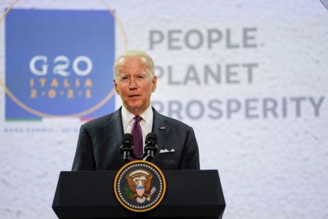 President Biden speaks during a press conference at the La Nuvola conference center for the G20 summit in Rome on October 31.