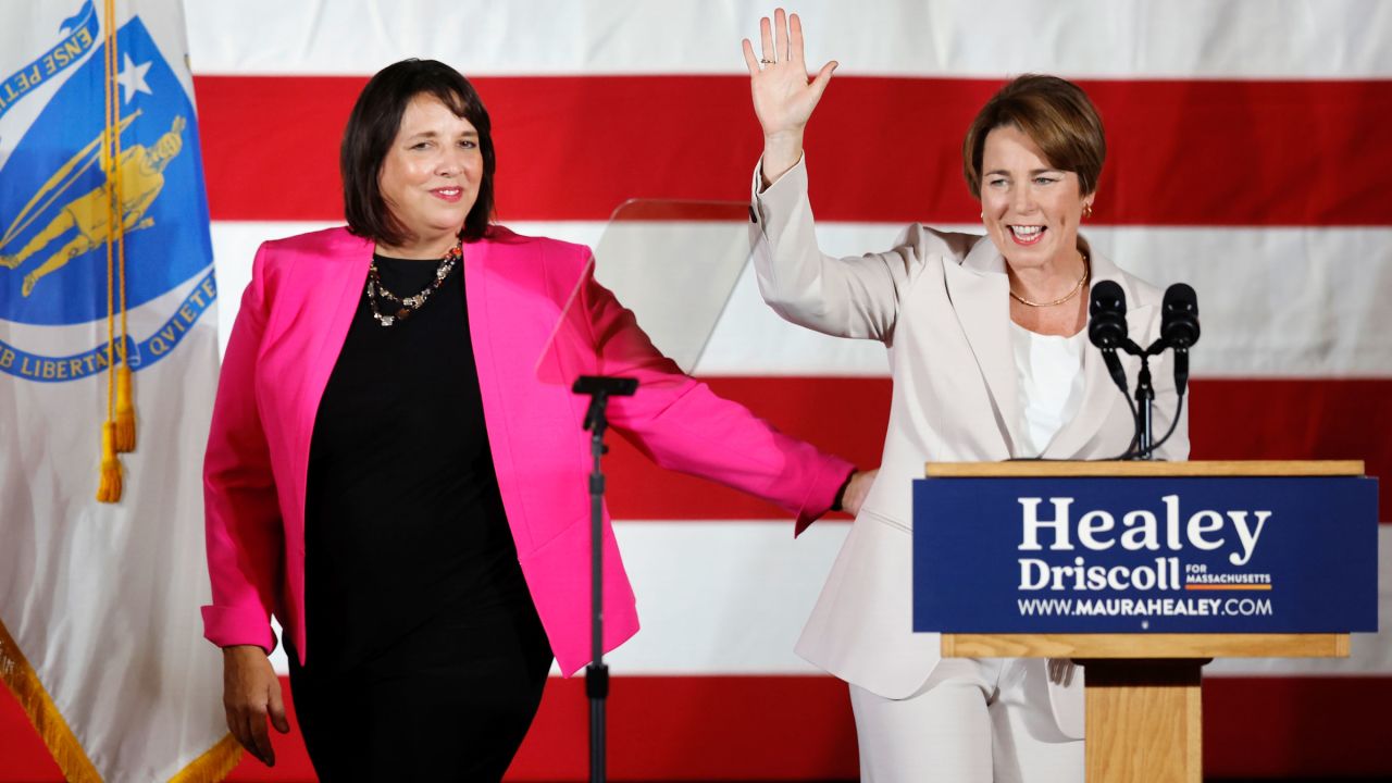 Massachusetts Attorney General Maura Healey, right, appears on stage with lieutenant governor candidate Kim Driscoll at an election night party in Boston. Healey, a Democrat, is projected by CNN to become the state’s first elected female governor and the first out lesbian state executive in the US.?