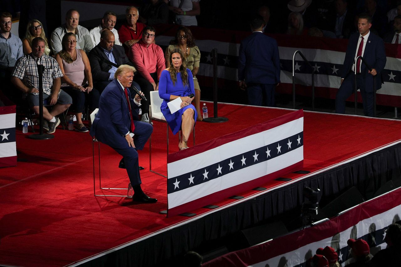 Republican presidential nominee, former President Donald Trump holds a campaign town hall meeting, moderated by Arkansas Governor Sarah Huckabee Sanders, in Flint, Michigan, on September 17.