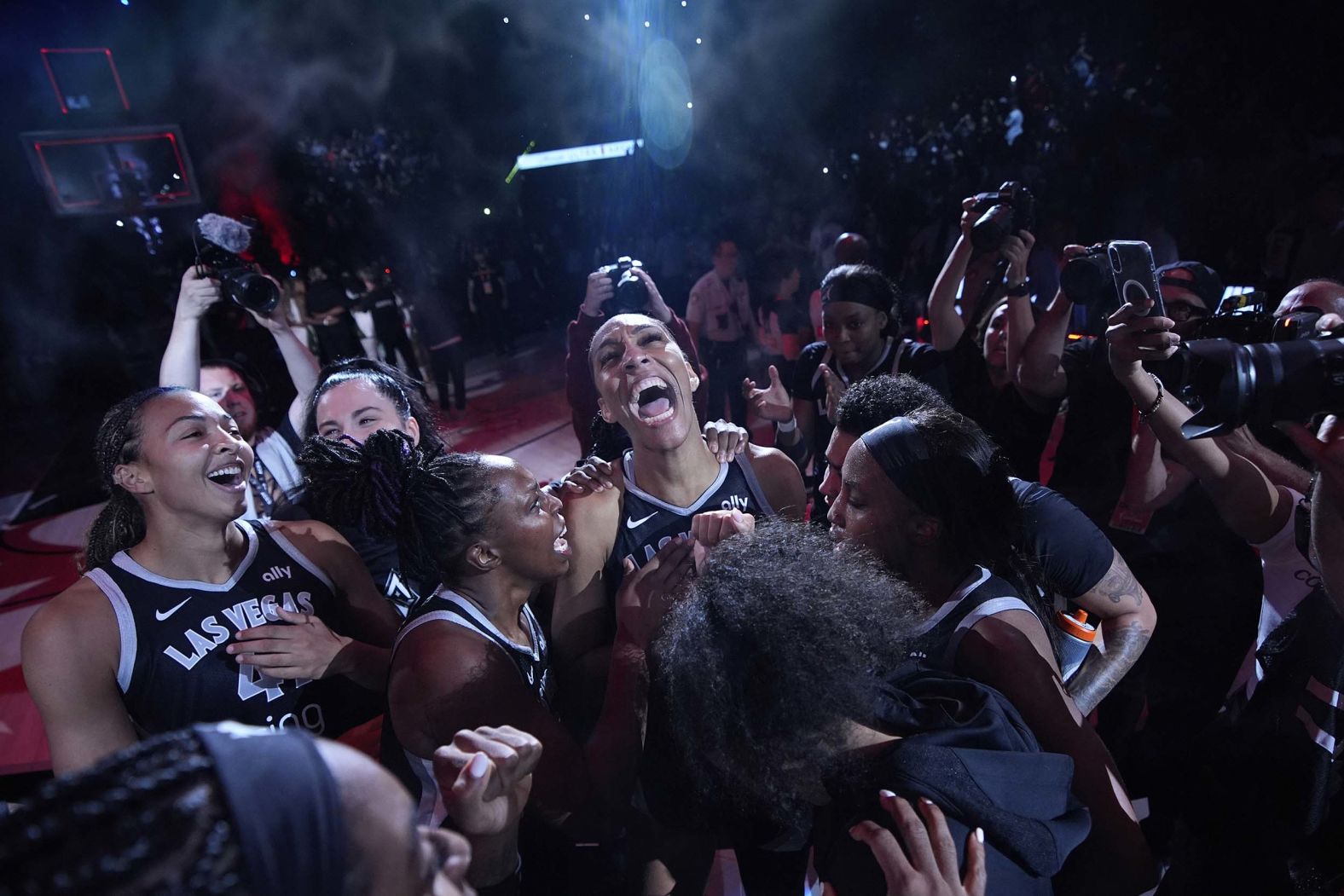 Las Vegas Aces center A'ja Wilson, center, celebrates with teammates after they defeated the Seattle Storm to advance in the WNBA playoffs on Thursday, September 18. Wilson, the league’s most valuable player, scored the go-ahead basket in the deciding Game 3.