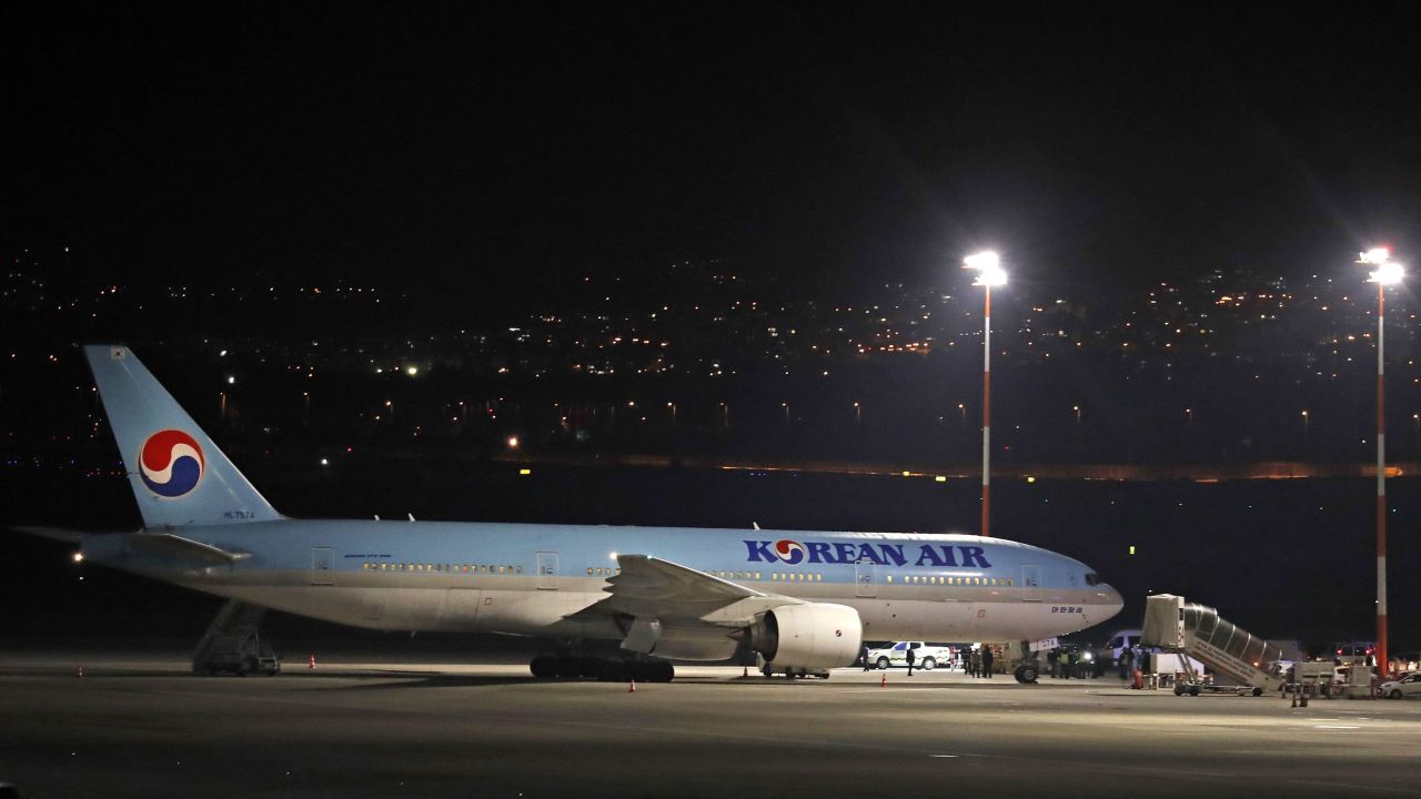 A flight carrying passengers from South Korea arrives at Ben Gurion International Airport in Israel on February 22.