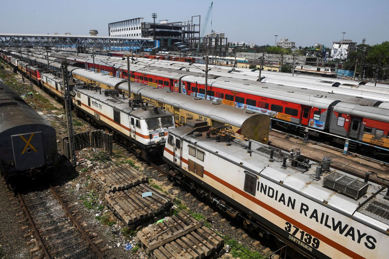 Empty trains sit parked at a station in Kolkata, India, on March 28 during the nationwide lockdown.