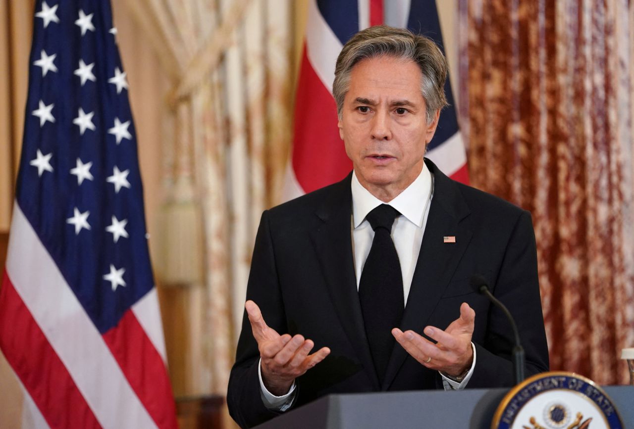 US Secretary of State Antony Blinken speaks during a joint press conference with British Foreign Secretary James Cleverly at the State Department in Washington, DC on Tuesday.