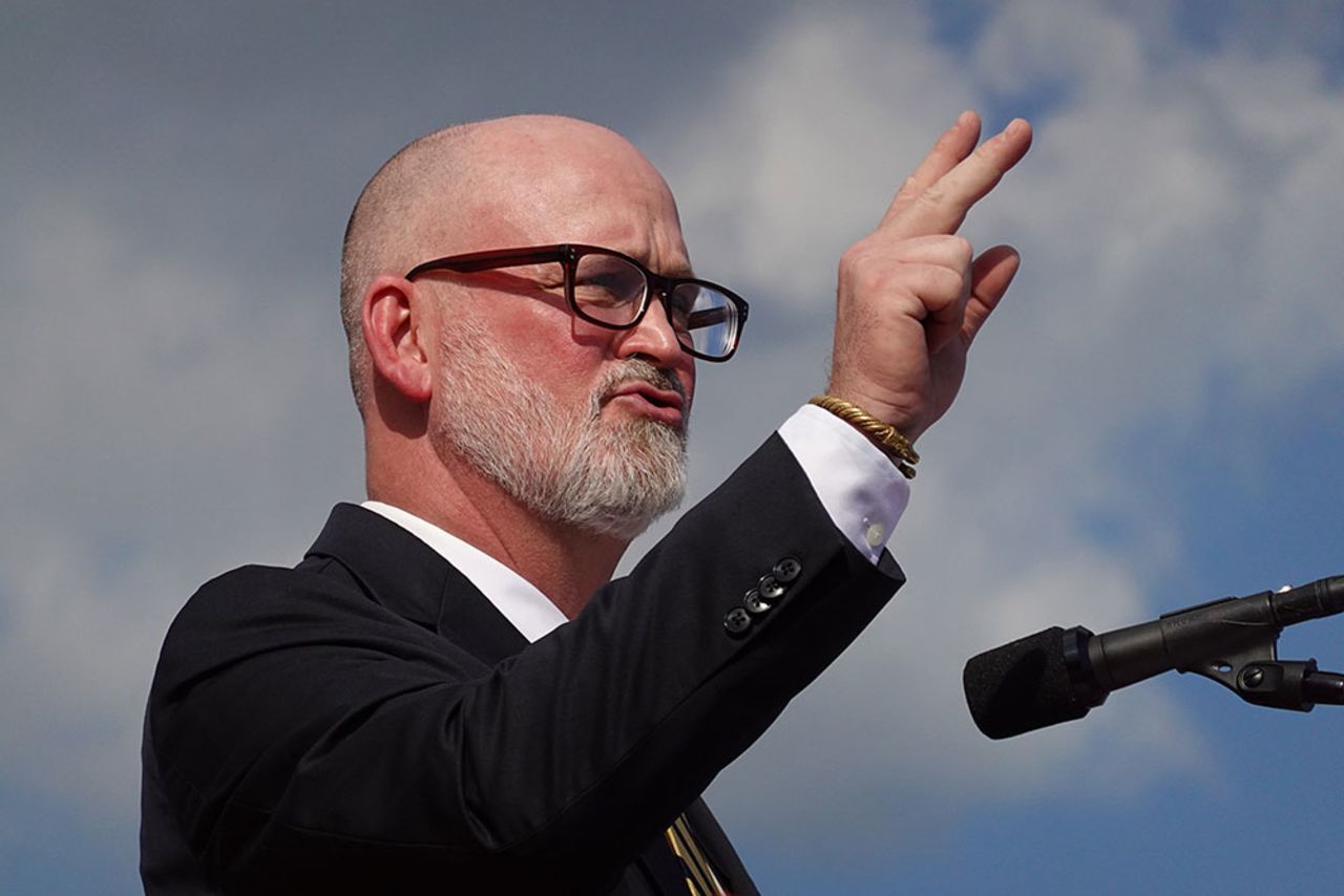 Derrick Van Orden speaks to guests during a rally in August in Waukesha, Wisconsin.