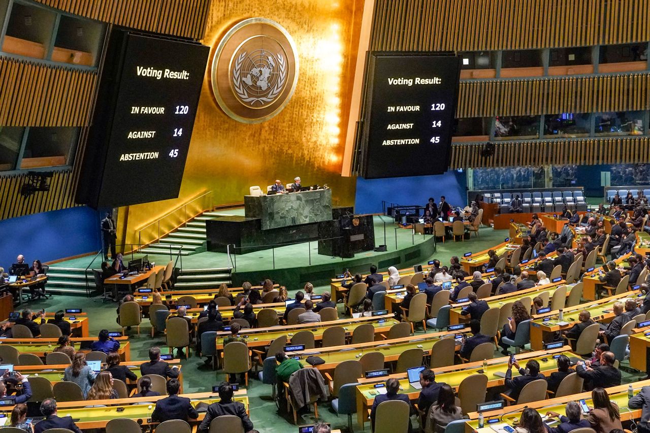 Voting results are displayed after the UN General Assembly voted on a resolution that called for a ceasefire in the war between Israel and Hamas on October 27. 