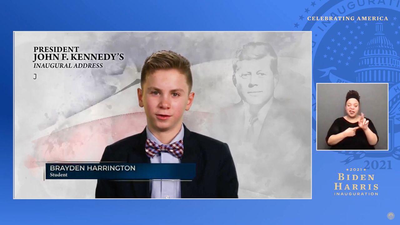 In this screengrab, Brayden Harrington speaks during the Celebrating America Primetime Special on January 20.