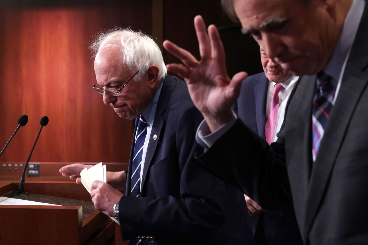 Sen. Bernie Sanders leaves after a news conference on debt limit at the Capitol on May 18, in Washington, DC.