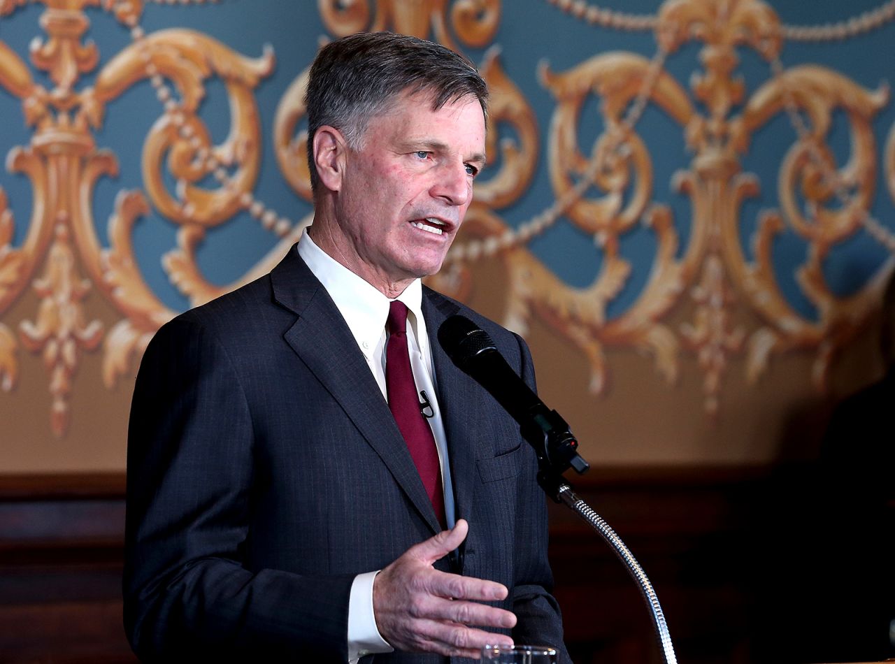 Wyoming Gov. Mark Gordon gives the State of the State address at the state Capitol in Cheyenne, Wyoming, on March 2, 2021.