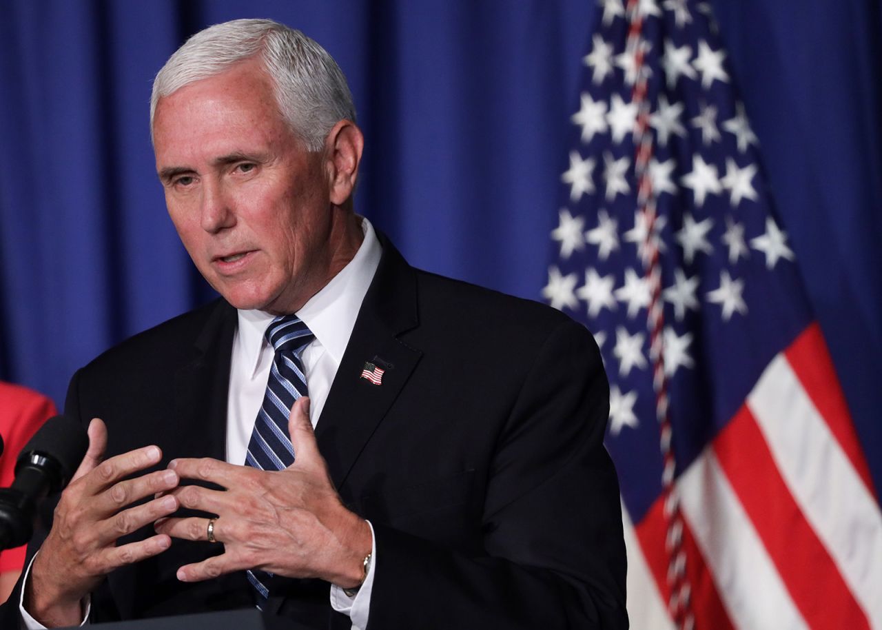 Vice President Mike Pence speaks during a White House Coronavirus Task Force press briefing at the U.S. Department of Education July 8, in Washington.