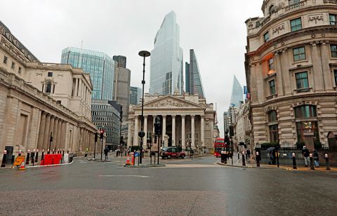 An almost-deserted Bank junction in the heart of London, seen on the first business day of the New Year, Monday, January 4.