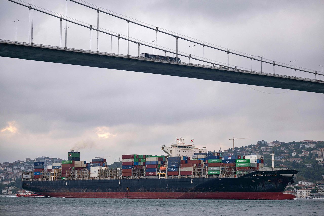 Hong-Kong-flagged container ship "Joseph Schulte" transits Bosphorus in Istanbul, Turkey, on August 18.